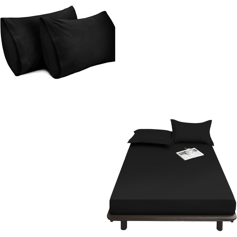 image:imageLirex Cotton King Fitted Sheet Bundle300 Thread Count King Fitted Sheet and 2pk King Size Pillow Cases 810 Deep Pocket Sheet for Hotel Home Black