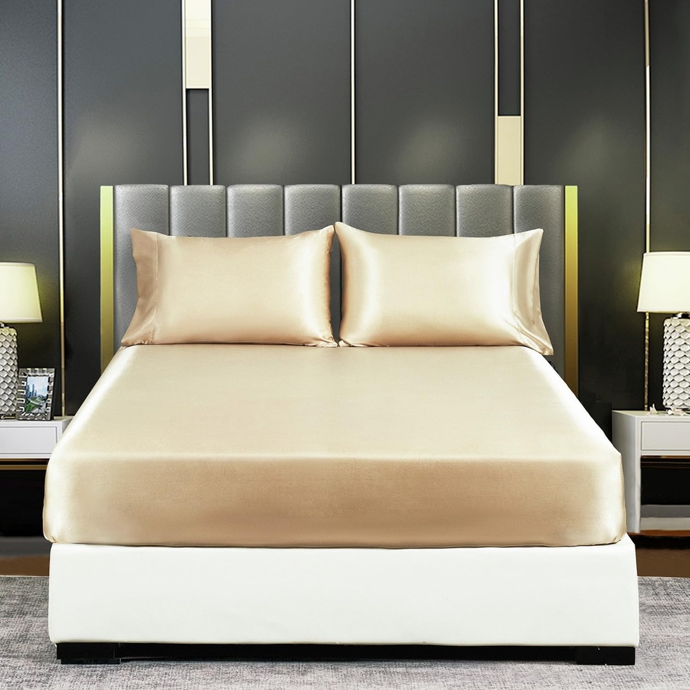 image:imageLirex Satin Fitted Sheet Full Size BundleIncludes 14 Deep Pocket Full Size Fitted Sheet and 2 Pack Queen Size Pillowcase Champagne